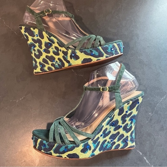 Colin Stuart sz 11 green suede leopard print platform wedge sandals - Picture 7 of 16